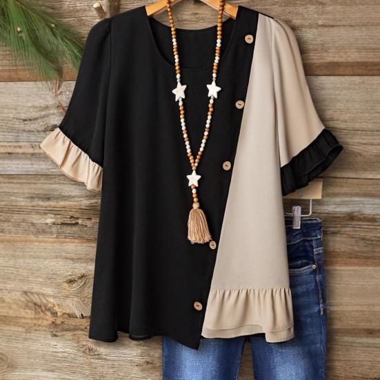 Women Tops Crew Neck Short Sleeve Pullover Tops with Irregular Ruffle Hem Block Design Buttons Decor Loose Fit Versatile Blouse