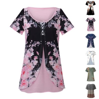 Shirts For Women Short Sleeve Tops Dressy Summer Casual Printed  V-neck Irregular Hem Blouses Tees