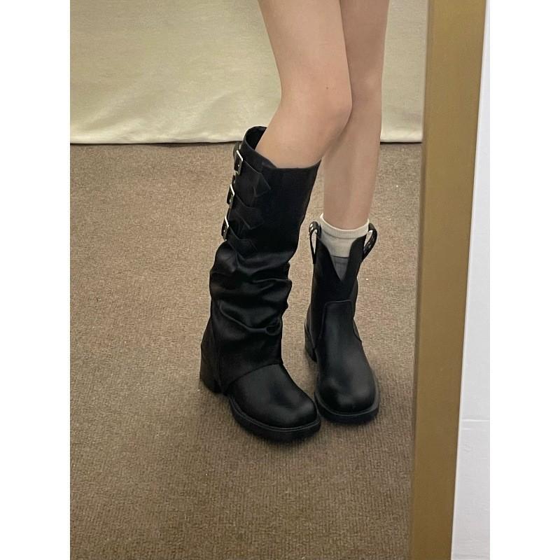 Fashion Women Pointed Toe Chelsea Boots Knee High Mid Heels Chunky Pleated Shoes Designer New Motorcycle Boots Pumps Sexy Mujer Zapatos