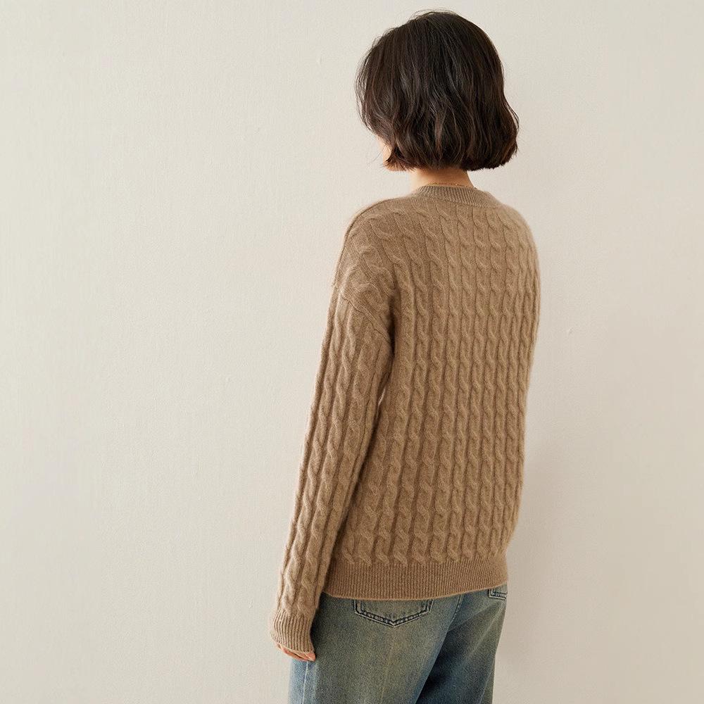 Women's Slim Fit Retro Cable Knit Cashmere Sweater - Round Neck Pullover, Base Layer for Autumn/Winter.
