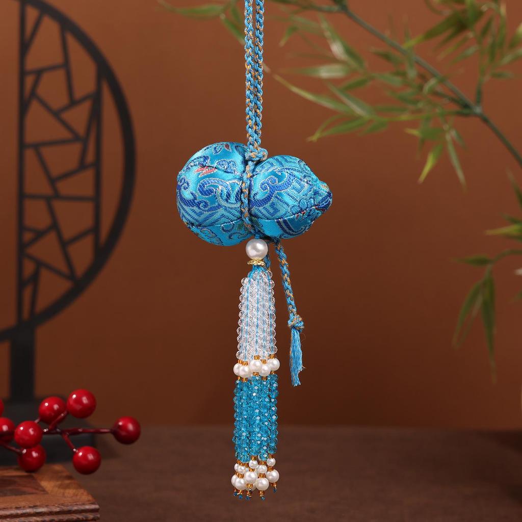 Chinese Style Gourd Pendant Keychain with Embroidered Sachet and Crystal Tassel - Hanfu Accessory and Creative Gift