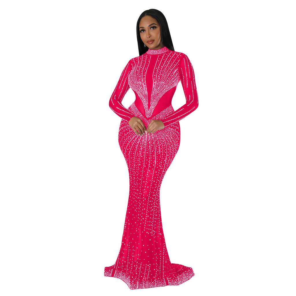 Fashion Women's Dress Solid Colour Mesh Drill Long Sleeve Long Dress