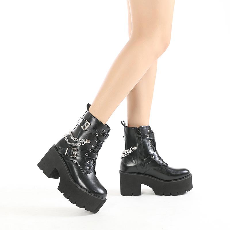 Coarse Heel Platform Women's Boots Belt Buckle Metal Chain Fashion Boots Side Zipper Muffin Martin Boots