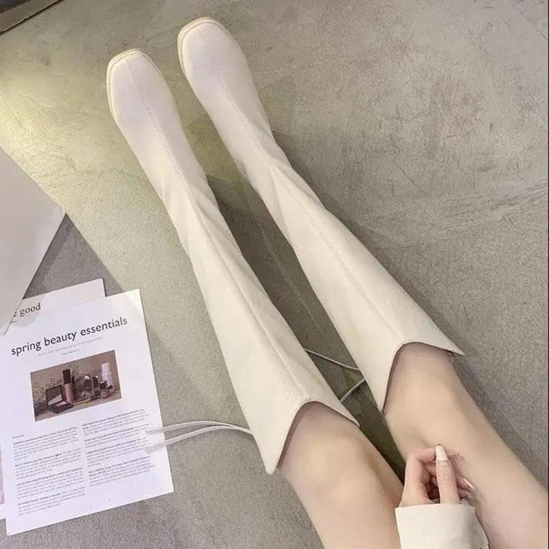 Женские сапоги Рыцарские сапоги Сапоги из мягкой кожи Бежевые осенне-зимние высокие — фото 3