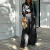 2026 Womens Solid Color Loose Wide Leg Pants Set Casual Elegant Office Wear Long Sleeve Cardigan Outfit