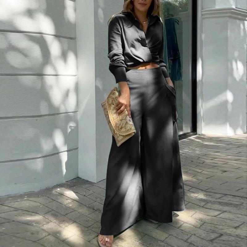 2026 Womens Solid Color Loose Wide Leg Pants Set Casual Elegant Office Wear Long Sleeve Cardigan Outfit