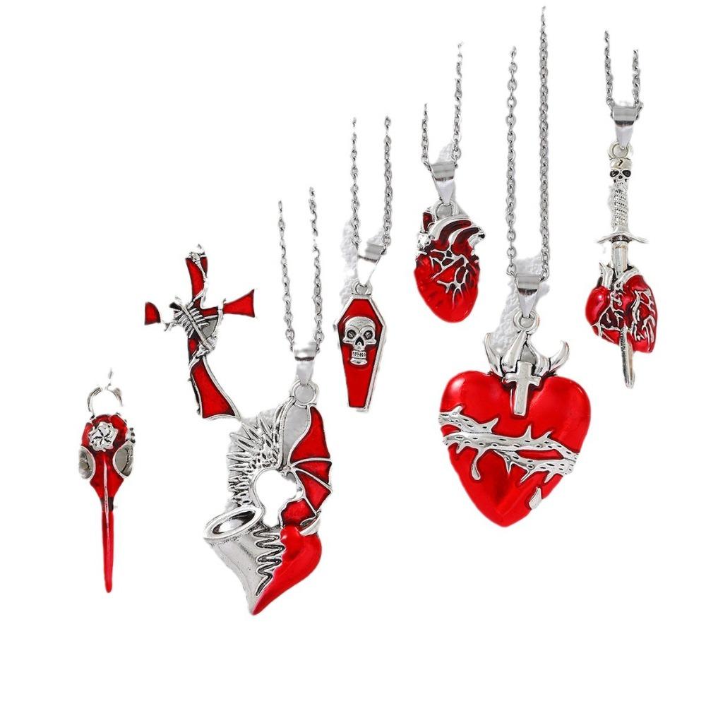 Hip-hop Punk Red Skull Cross Thorny Heart-shaped Pendant Sliver Color Chain Necklace for Women Halloween Party Goth Jewelry Gift