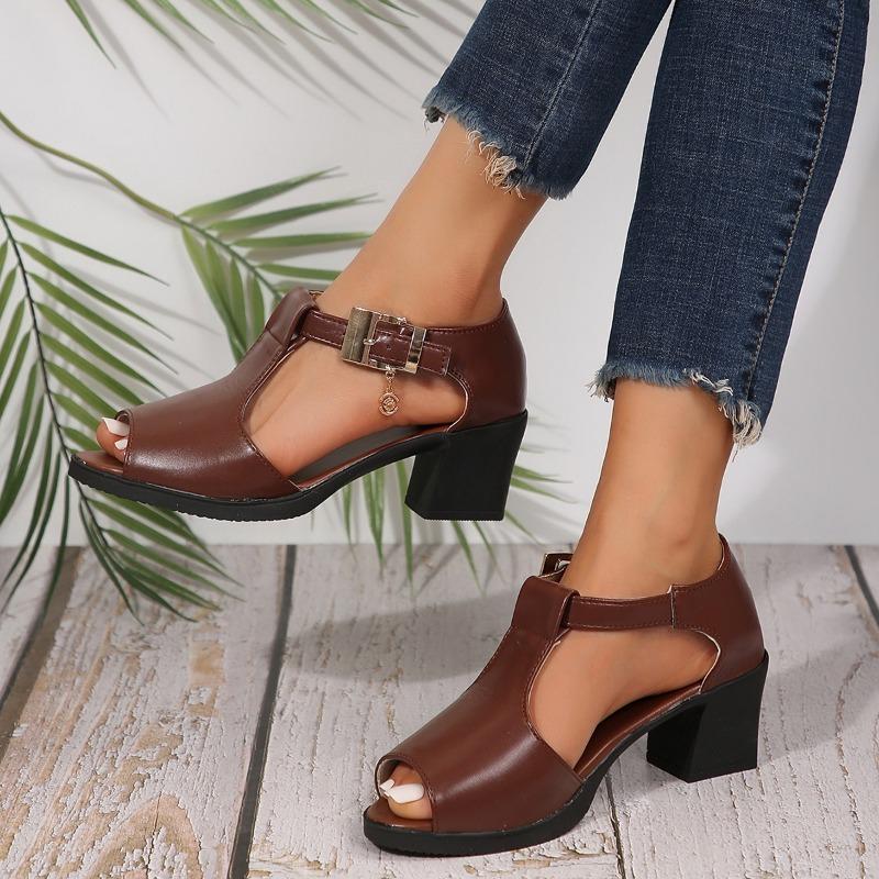 Sandalias boca de pez para mujer primavera y verano nuevo romano señoras zapatos de tacón grueso versátil tacón medio zapatos de madre