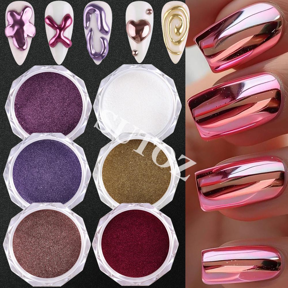Red 7 Bottles Nail Art Mirror Powder Set - Fine Carving Silver Gloss Iridescent Powder