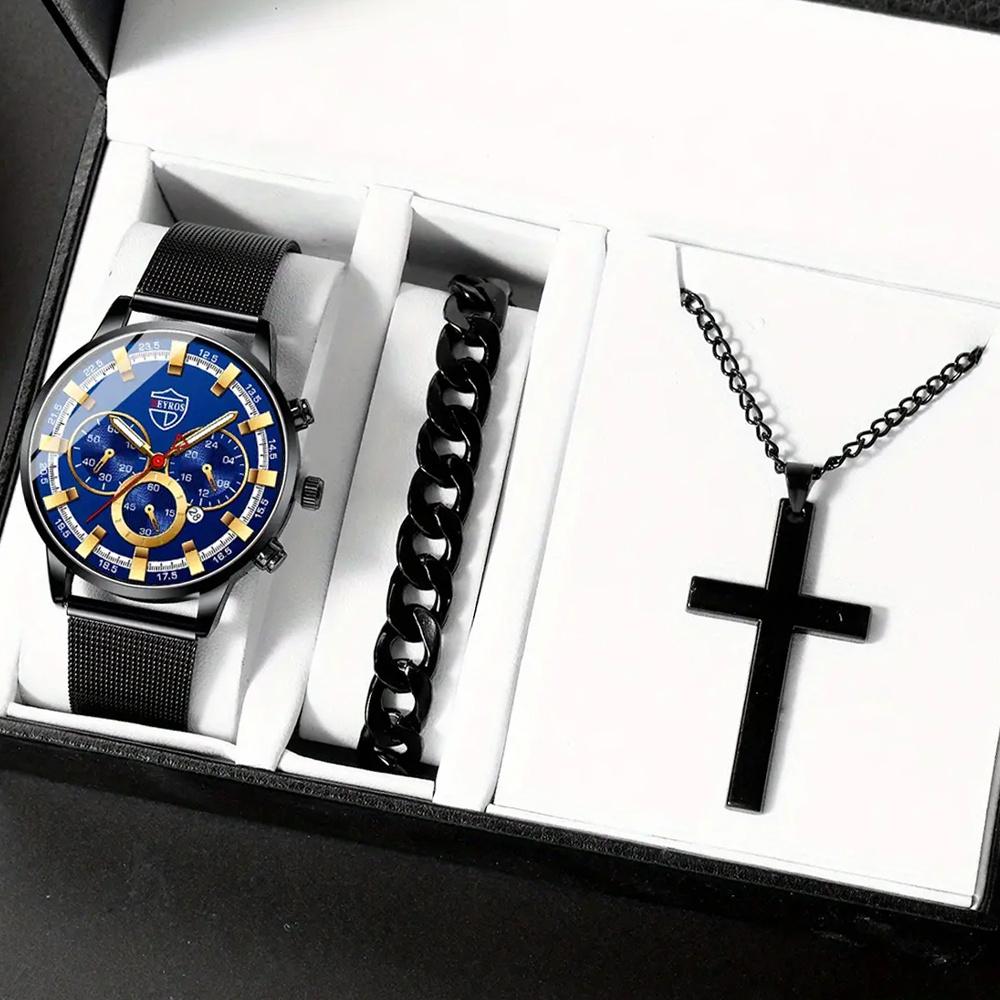 

Набор из 3 предметов, модные деловые золотые роскошные мужские часы из нержавеющей стали с сетчатым ремешком, мужские часы с календарем и браслетом и подвеской-крестом, мужские подарки