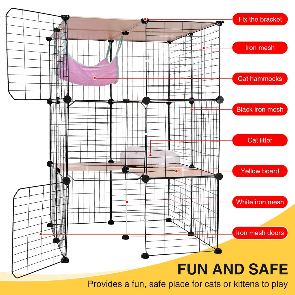 3 Tiers Indoor Cat Enclosures W/ Hammock & Bed Cat Wire Kennel Crate Kitten Playpen Cage Large Exercise Place Ideal for 1-3Cats