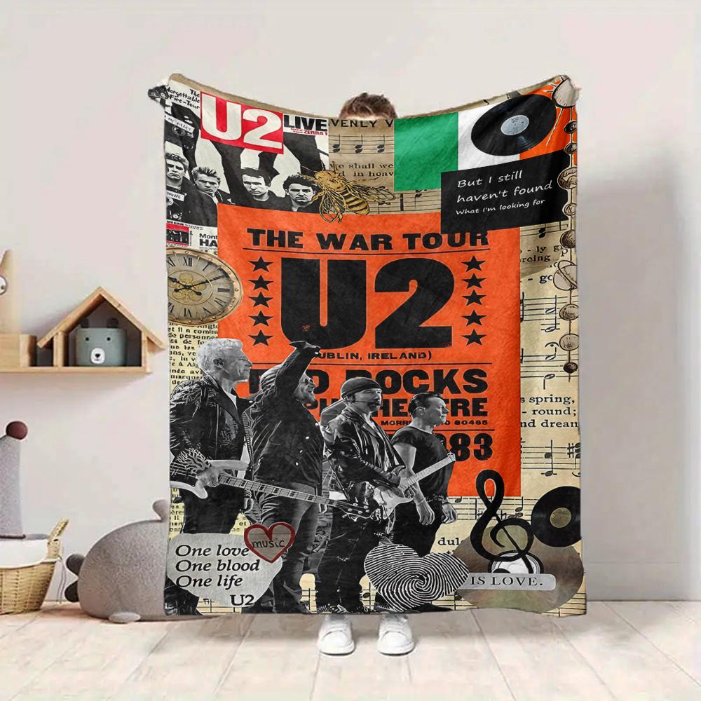 1Pc U2 Music Collage Art Flannel Blanket, Soft And Comfortable, Casual Warm, Camping Travel, Christmas, Halloween Xmas Gift. G1177