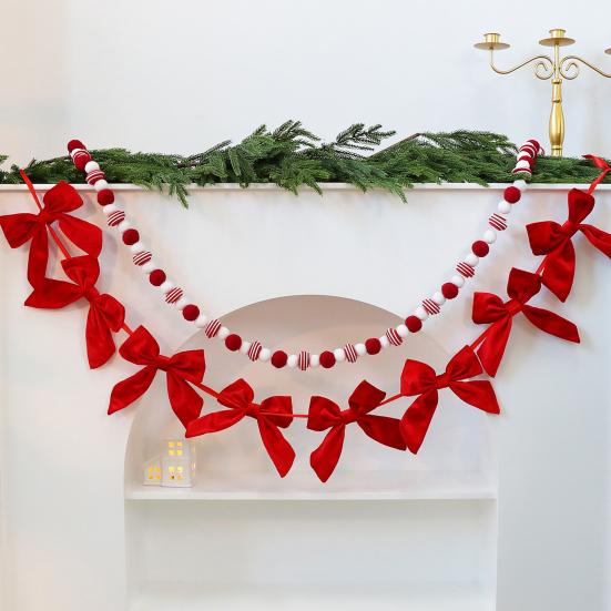 Christmas Velvet Bow Garland Decoration Pre-Strung Red White Ball Ornament Home Office Bedroom Xmas Tree Mantel Fireplace Shelf Indoor Holiday Decor