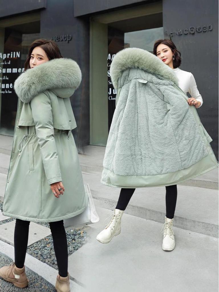 Winter 2025 Women's Slimming Parka: Fashionable Versatile Plus Velvet One-Piece Coat with Thick Faux Fur
