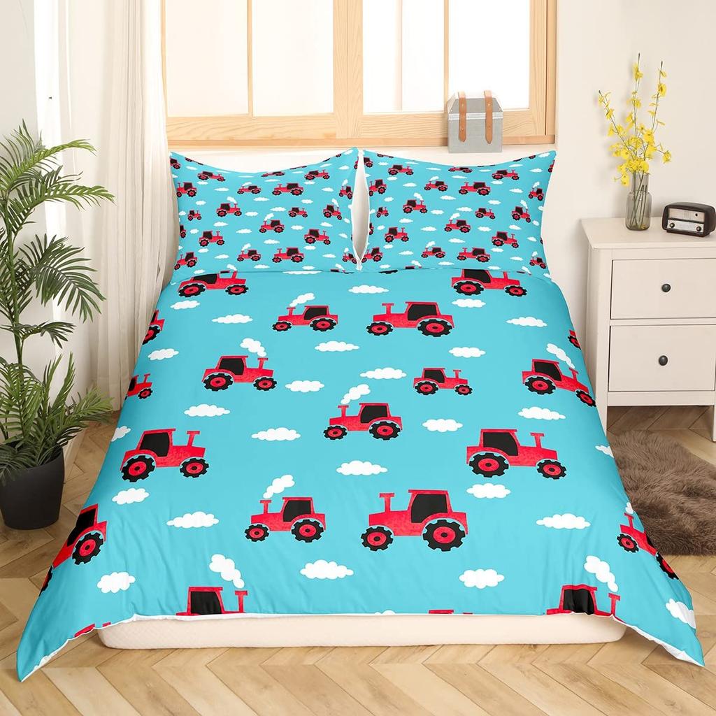 Cartoon Car King Queen Duvet Cover Colorful Transportations Bedding Set Cute Truck Train Sailboat Rocket Polyester Quilt Cover