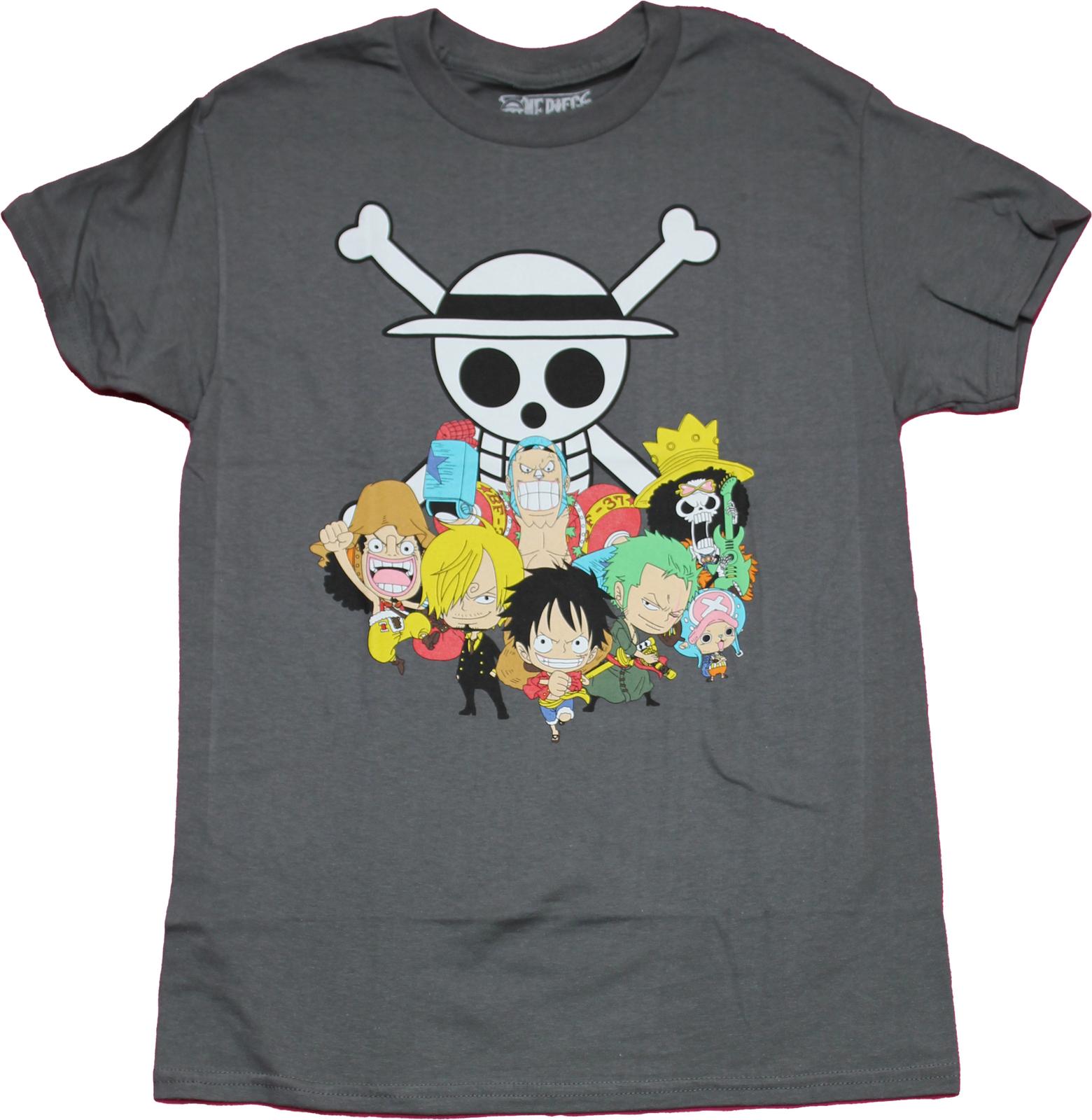 One Piece New Adult T-shirt Chibi Strawhat Crew Under Skull Logo XL