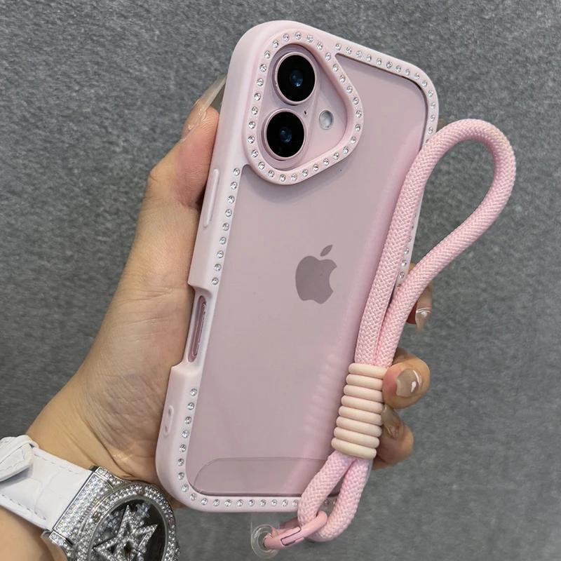 Shining Bling Diamond Transparent Phone Case For iPhone 16 16E 15 14 13 12 11 Pro Max 16Plus 16Pro With Wristband Lanyard Cover