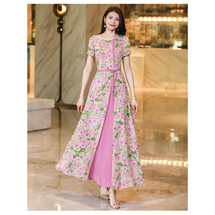 High End Summer Dress Women Flowy Chiffon Fake Two Piece Long Dress Slim Fit Floral Print