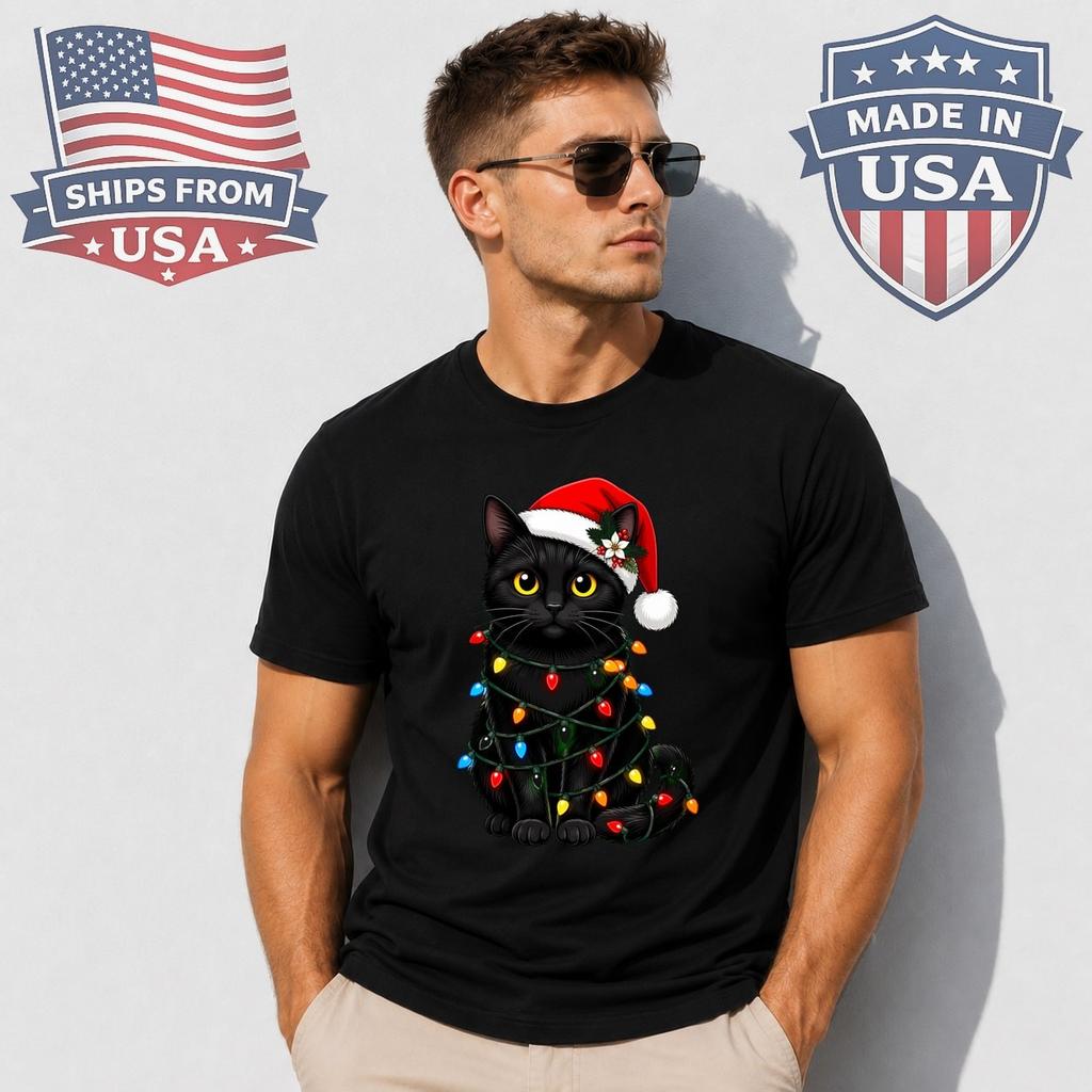 Black Cat Christmas Lights Graphic T-Shirt Funny Santa