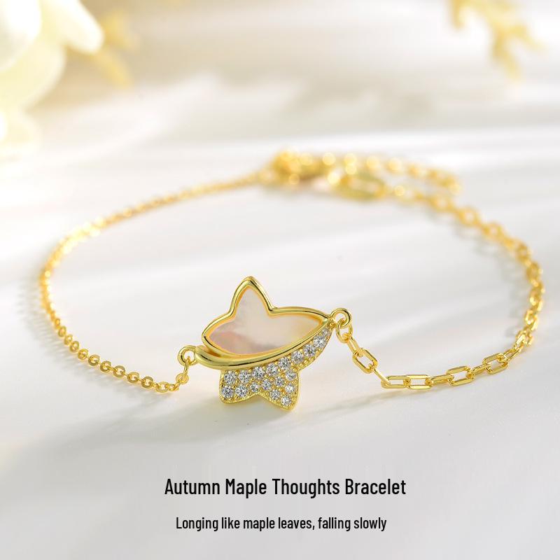 

Autumn Maple Thoughts S925 Silver Zircon Bracelet with Natural Mother-of-Pearl – Korean Style Jewelry 22K Gold