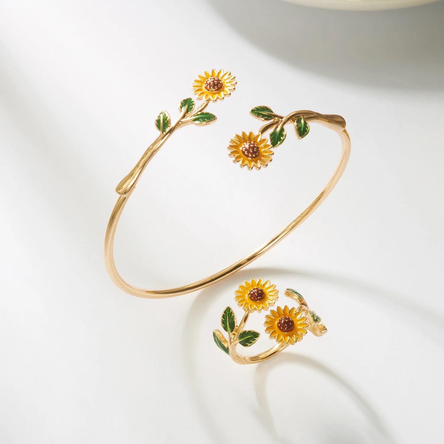

Elegant Yellow Sunflower Bracelet Ring Set For Women Gold Color Adjustable Oil Painting Flower Aesthetic Jewelry Gift