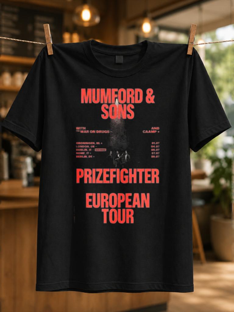 Mumford Prizefighter Red European Tour Lettering With Small Central Photo And City Date List Unisex All TShirt