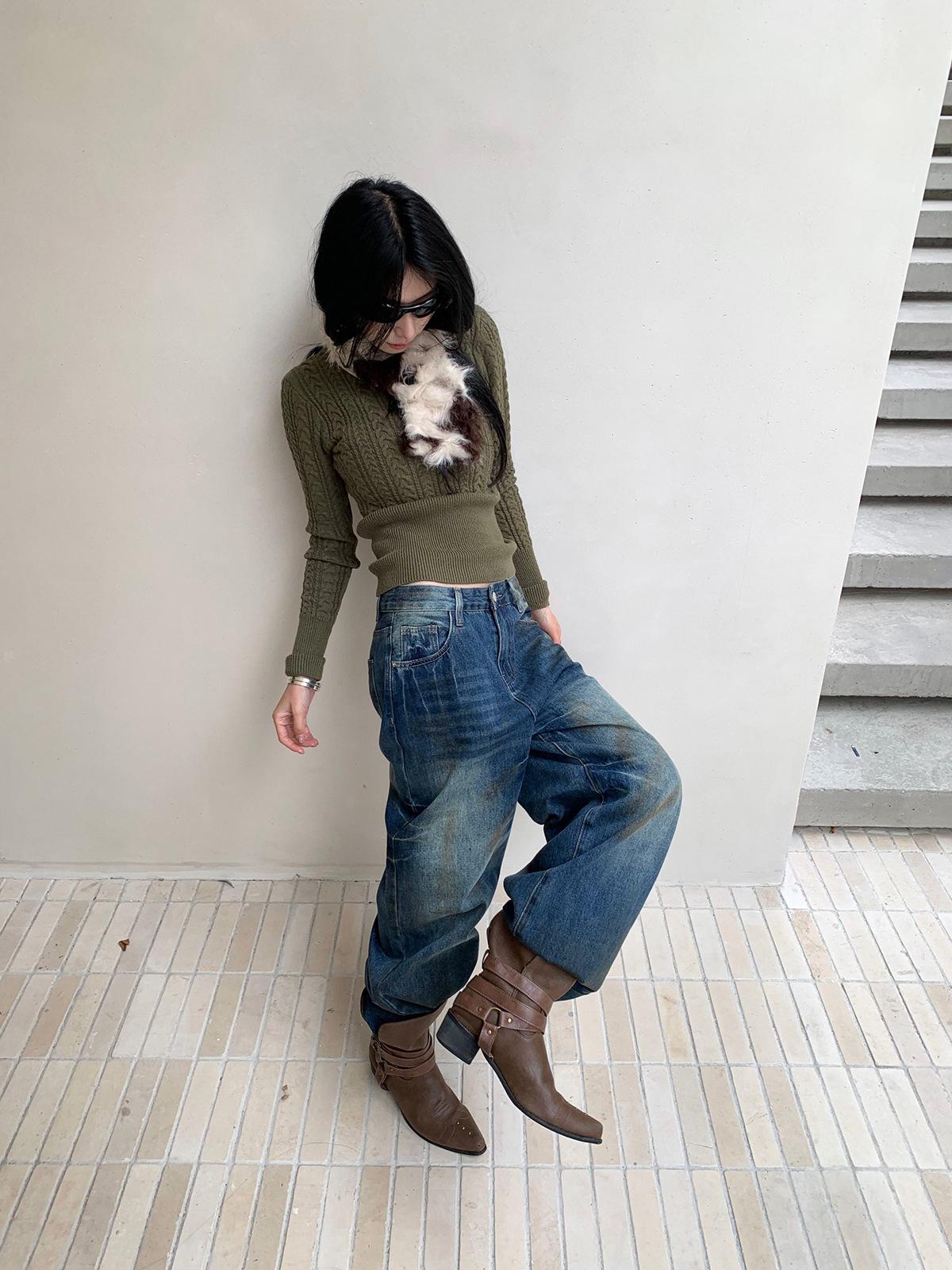 Retro Distressed Wide-Leg Tie-Dye Jeans for Women - Autumn/Winter 2025 Collection M синий