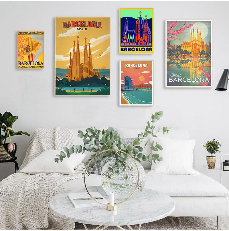 Europe Spain Barcelona Pop Art Travel Canvas Paintings Vintage Kraft Posters Coated Wall Stickers Home Decor Family Gift No Frame