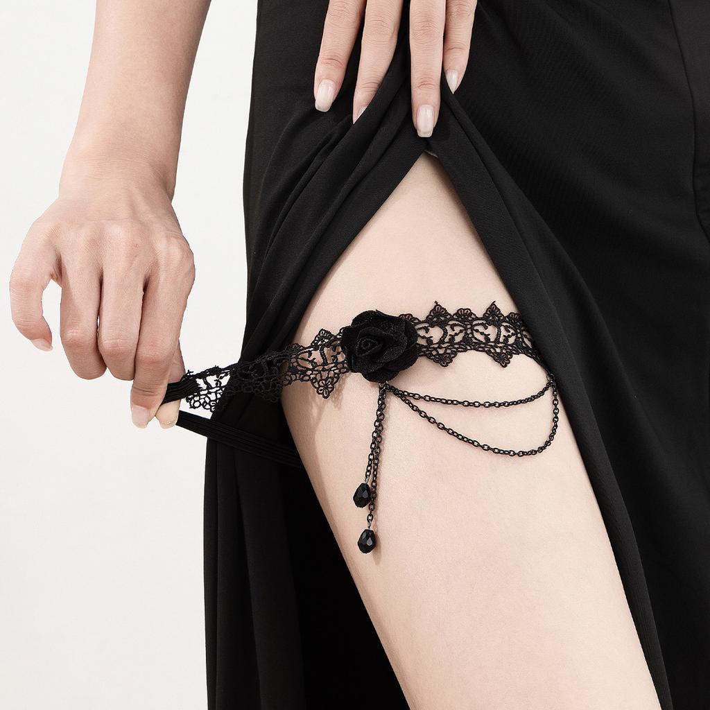 Chaîne de cuisse Gothique Dentelle Rose Cristal Pompon Sexy Club de Nuit Fête Porte-jarretelles de Jambe Cheville Bijoux Pour Femmes