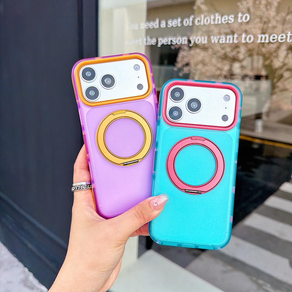 KEYSION Color blocking Magnetic 360°Ring Stand Case for MagSafe for iPhone 14 15 16 17 Pro Max Matte Shockproof Phone Back Cover