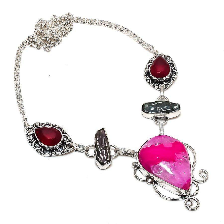 Pink Solar Quartz, Pearl Gemstone 925 Sterling Silver Jewelry Necklace 18"