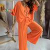 Women Casual Solid Color Pants Set V Neck Half Sleeve Top Wide Leg Outfit Summer Spring Lounge Wear