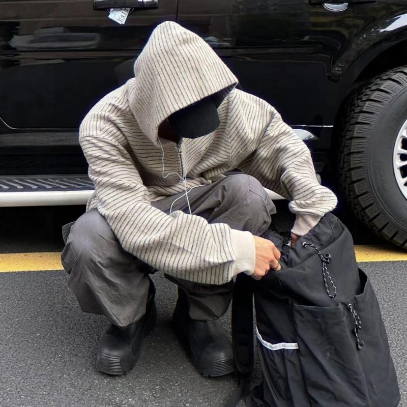 Unisex Striped Hooded Zip Sweatshirt Loose Fit Casual Couple Outerwear American Retro Style
