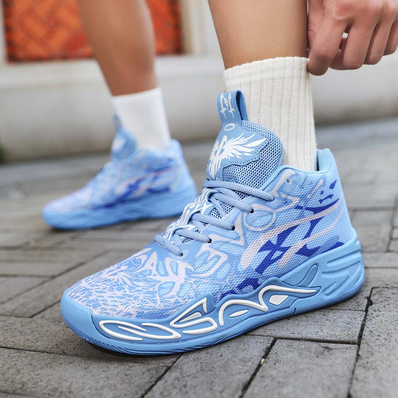 Basketbalové boty nové dětské basketbalové boty pro mládež mandarínská kachna síťovina fly-woven sportovní boty bojové boty vysoké tréninkové boty