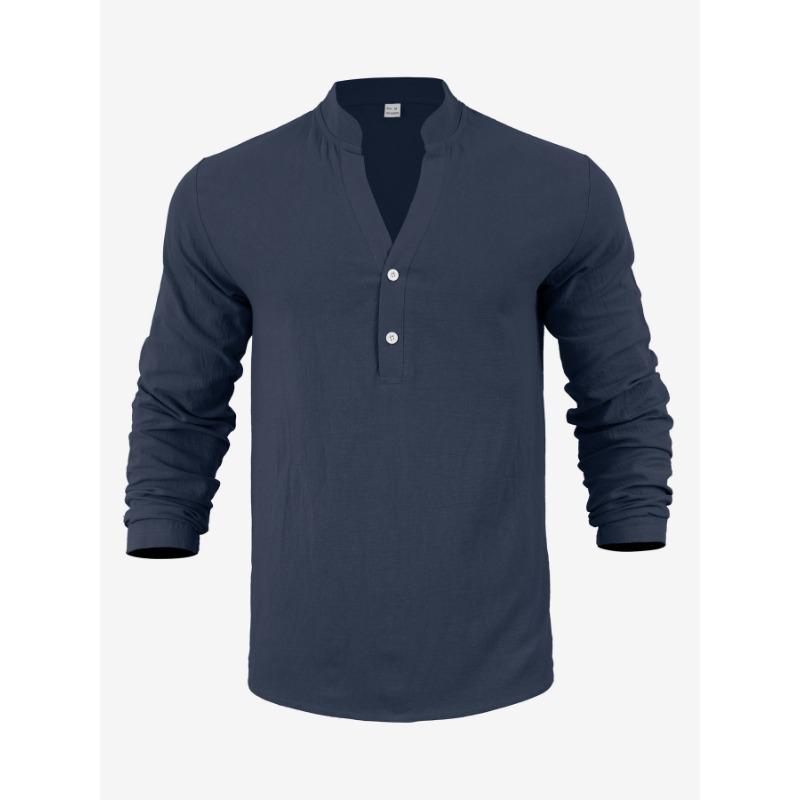 Men S Linen Blend Solid Color Long Sleeve Stand Collar Casual Shirt