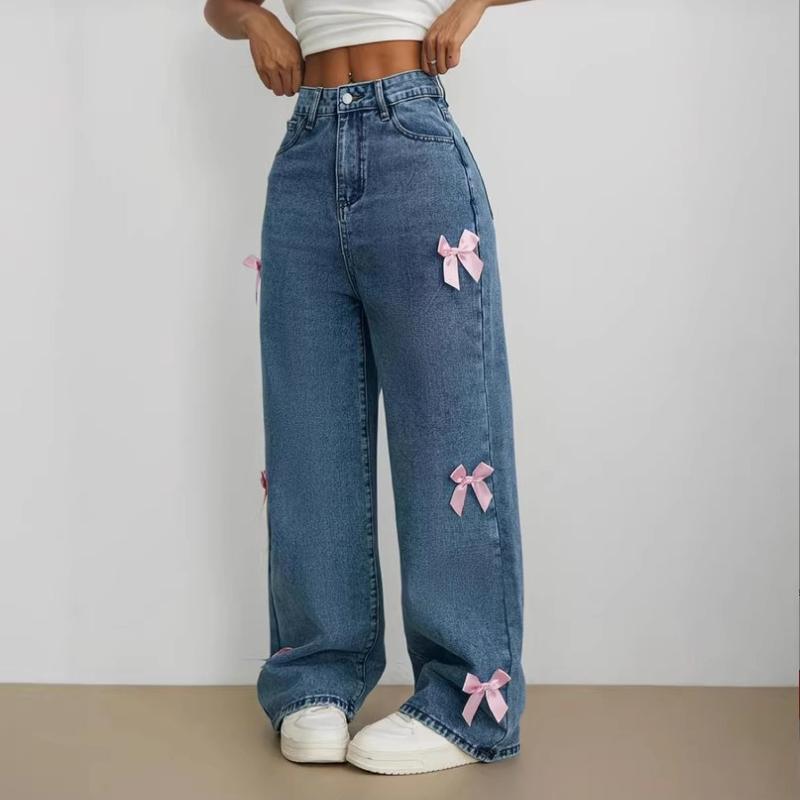Women's Straight Leg Jeans Slimming Casual Pants Stylish Bow-tie Jeans Loose Straight Leg Wide-leg Trousers