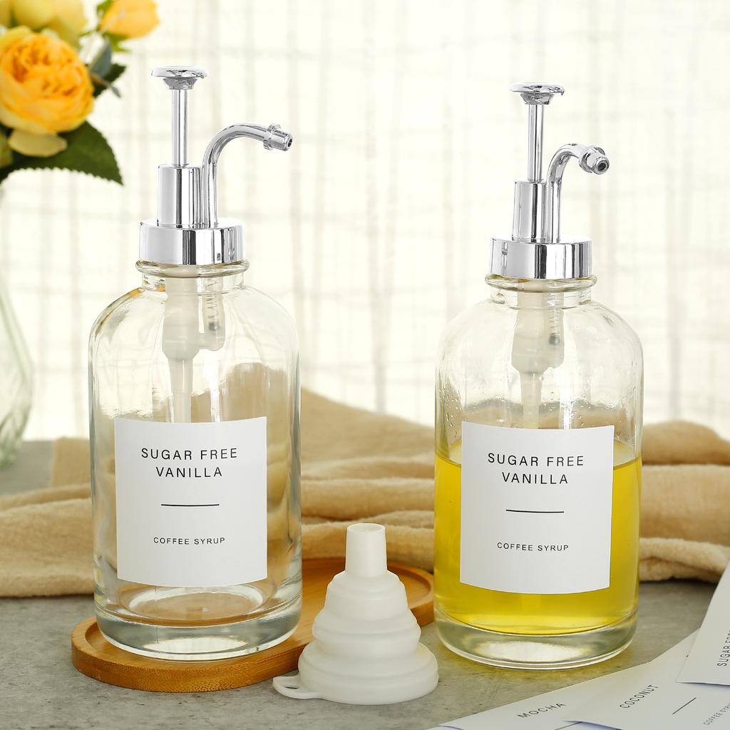 2 Pcs Coffee Syrup Dispenser Set with Bamboo Tray Reusable with Labels Funnel Clear Syrup Pump Dispenser for Coffee Bar Home