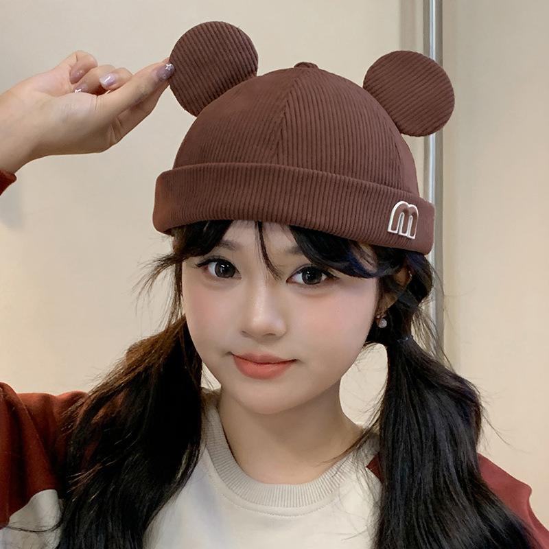 Autumn and Winter New Style Corduroy Cute Kitten Ears Landlord Hat for Women Versatile Face Showing Little Yuppie Melon Skin Hat for Men