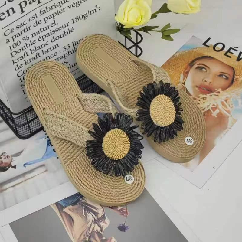 Ethnic Braid Women's Hemp Sandals Trendy Outdoor Flip-Flops Fashionable Flower Beach Toe Post Slippers