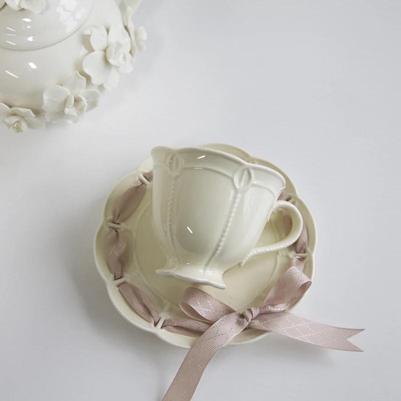 New Bone China Teacup and Saucer Set Ceramic 250ml Tea Coffee Cup with Colorful Ribbon for Wedding and Party Coffee Mug