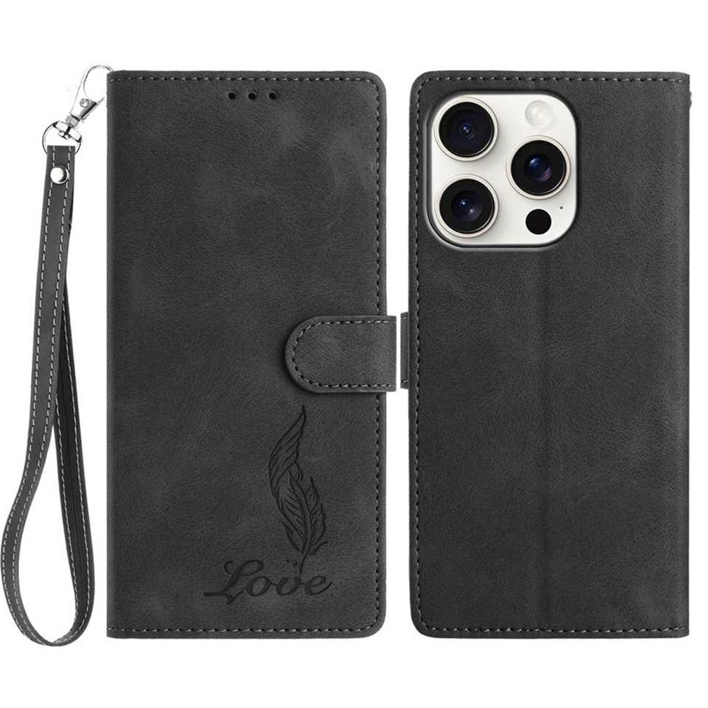 For iPhone 16 Pro Max Case Imprinted Feather PU Leather Wallet Phone Cover with Wrist Strap