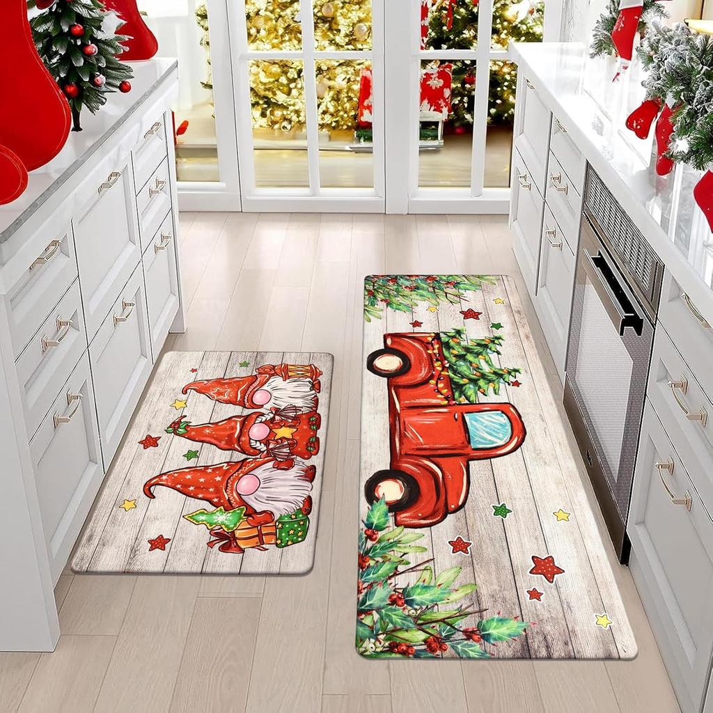 2pcs Santa Claus Kitchen Floor Mats Entrance Welcome Door Mats Corridor Laundry Room Carpets Winter Festival Decorations