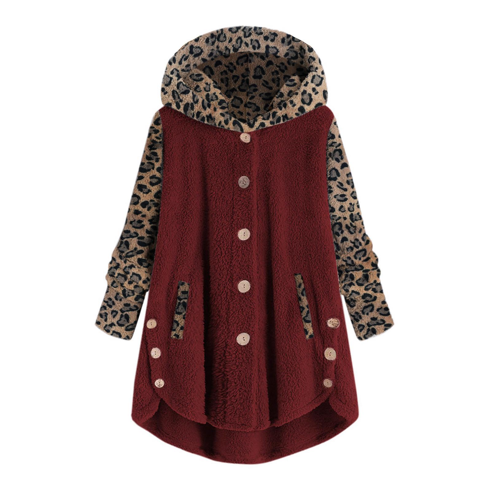 Women s Fashion  And Winter Buttoned Long Sleeve Leopard Print Patchwork Hooded Plush Jacket XXXXL винный