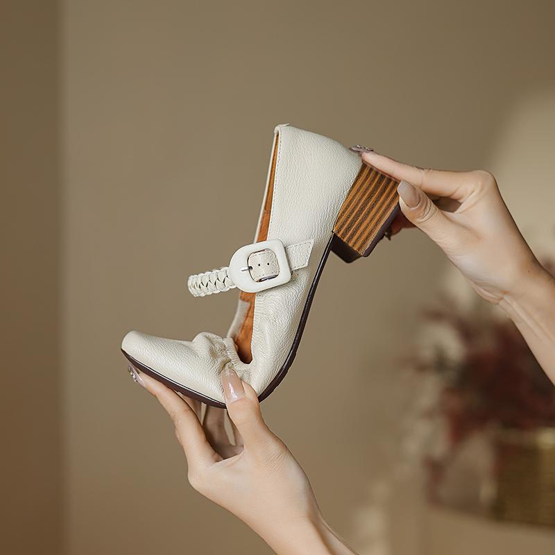 Fashion Casual Sneakers Woman Genuine Leather Apricot Square-toed Single-bar Buckle Soft Sole Low-cut Mary Jane High Heel for Spring