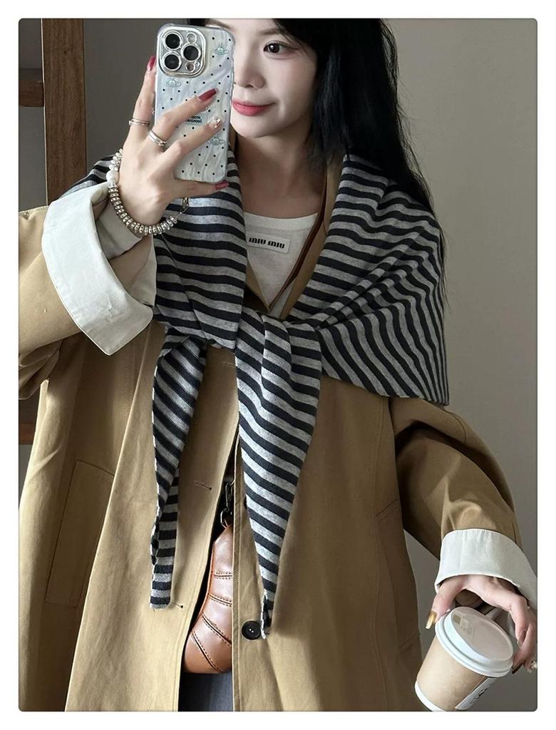 2025 Wool Blend Striped Triangle Shawl Women's Warm Thick Knitted Outerwear