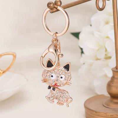 Keychain Pendant 3D Cartoon Cat Design Sparkling Rhinestones Inlaid Key Chain with Lobster Clasp Key Ring Bags Accessories