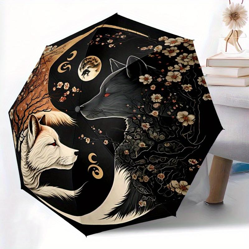 

Automatic Open/Close Umbrella with Floral Wolf Design - Elegant Black & Golden Floral Pattern, Compact Travel Umbrella for Wom