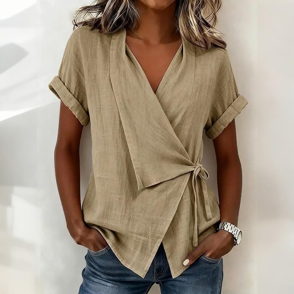 Women Short Sleeve V Neck Wrap Blouse Loose Fit Tie Front Irregular Hem Summer Casual Top