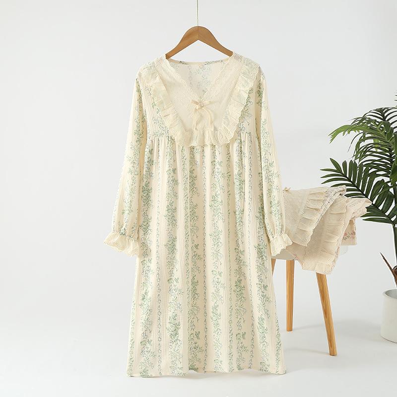 Pure cotton cotton yarn sweet autumn floral long-sleeved skirt thin nightdress home skirt thin loose can be worn gently
