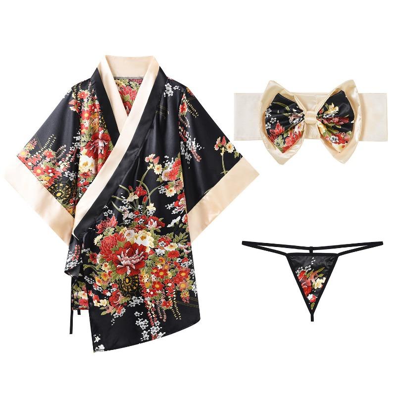 Sexunterwäsche sexy floraler Kimono zum Schnüren Bademantel Übergröße Nachthemd-Set pure Begierde
